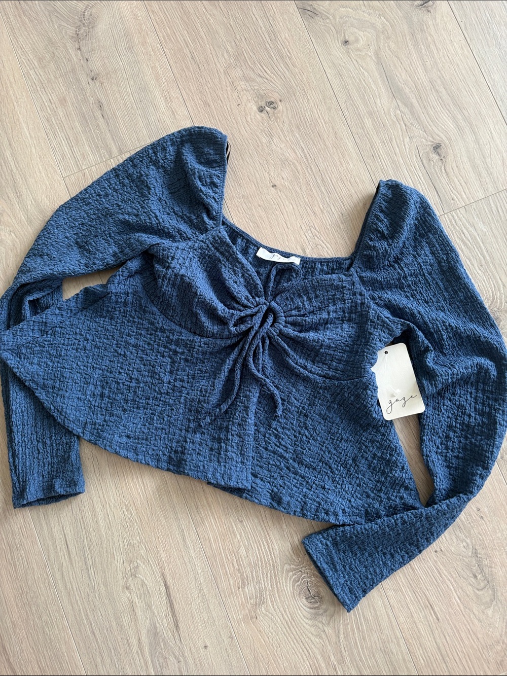 gaze Navy Blue Textured Tie-Front Long Sleeve Crop Top